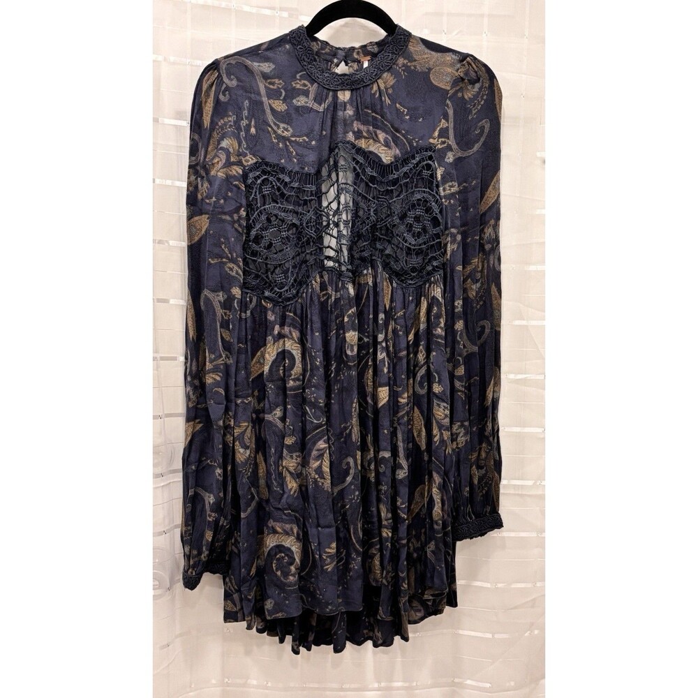 Free People‎ Paisley Boho Tunic Dress XS Blue Lace Crochet Long Sleeve Mini